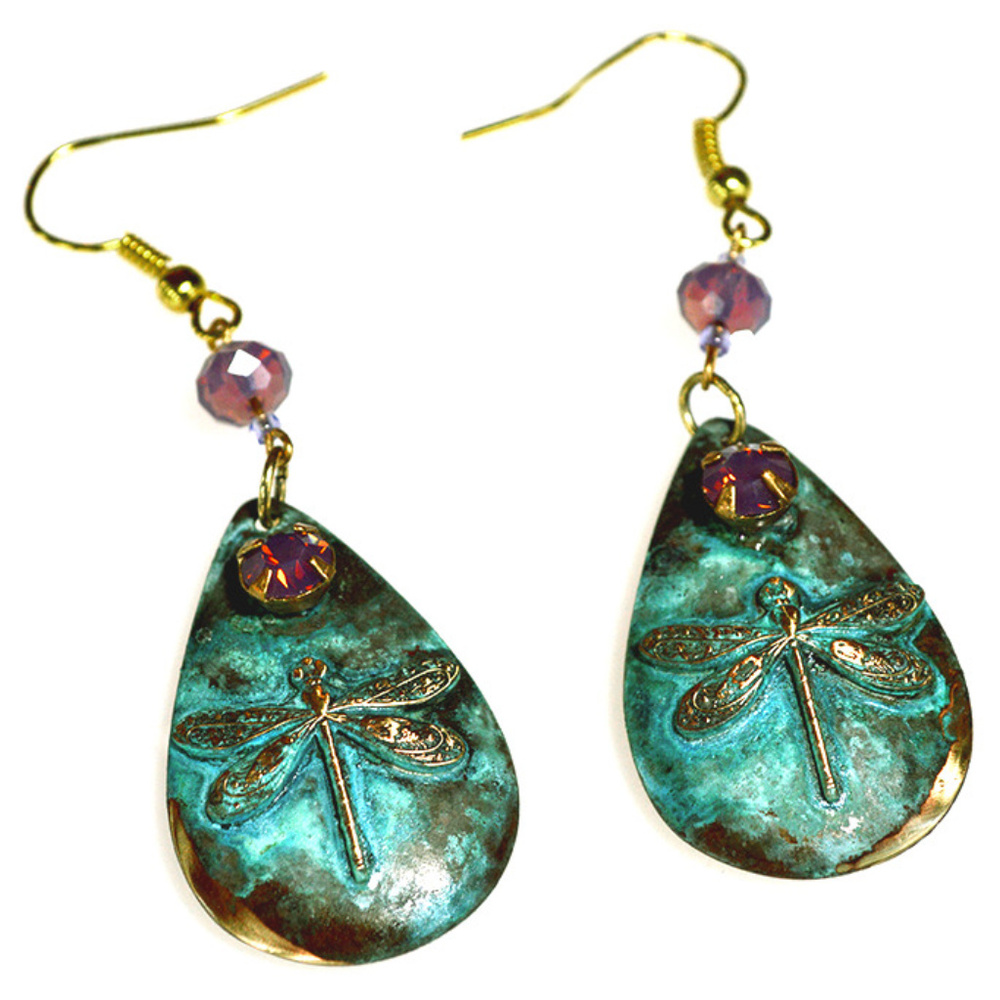 Verdigris Patina Solid Brass Dragonfly Earrings